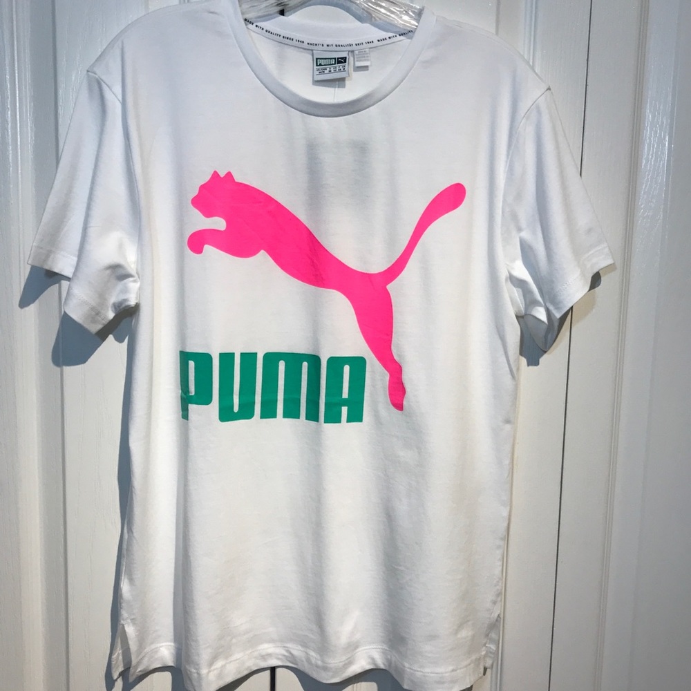 Puma Classics Logo T-Shirt, White, Pink, Teal